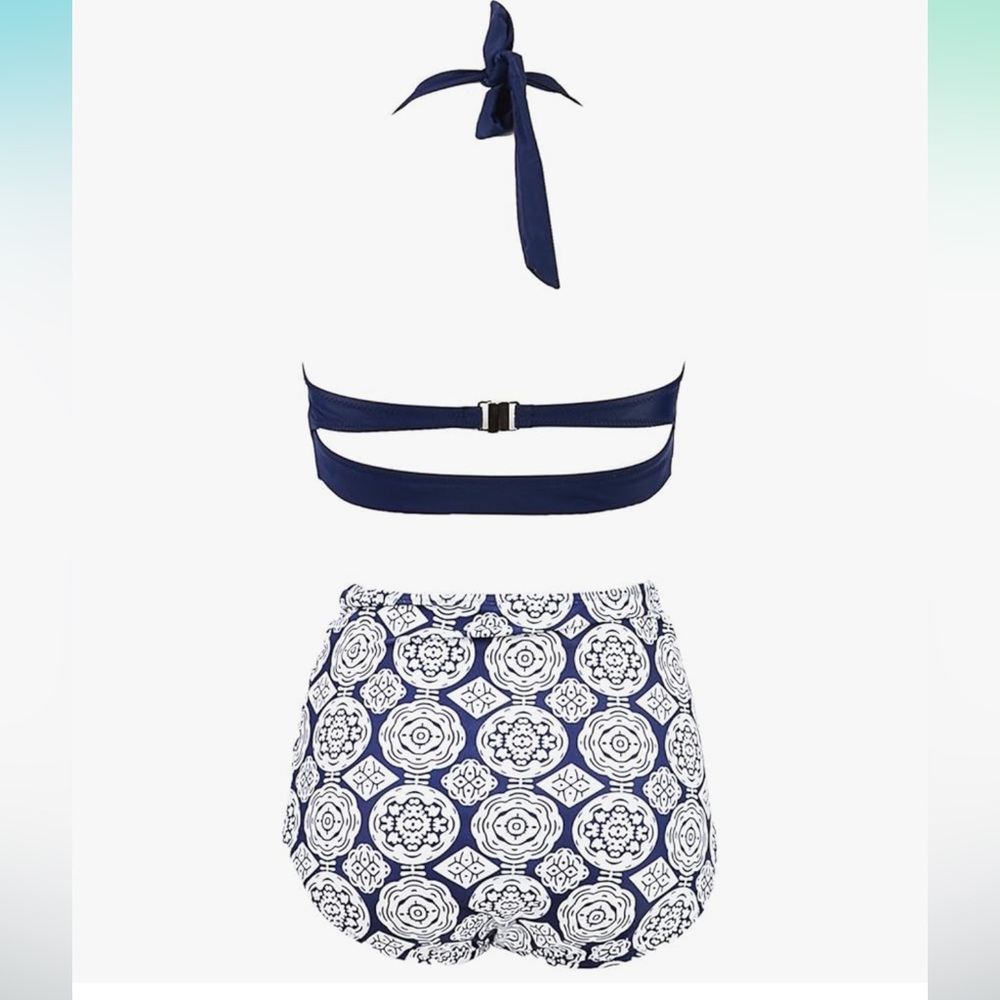 Navy Halter Bikini Top with Patterned Bottom - Picture 4 of 7